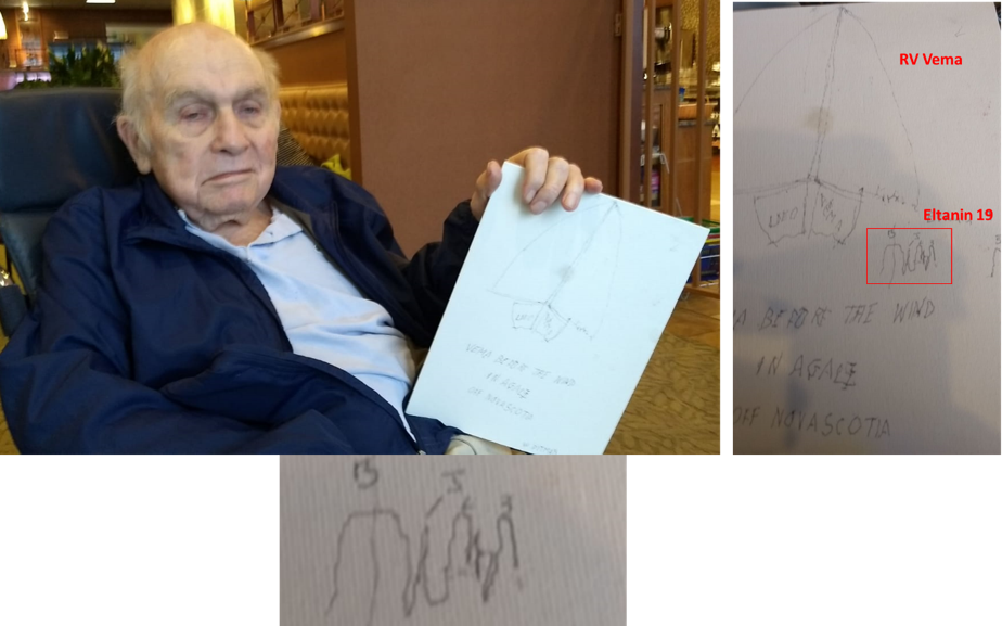 Figure 2: Walter at  Hebrew Home, Riverdale, March 2019. Left, his drawing of RV Vema, and the Eltanin 19 magnetic profile (with a zoom in the bottom).  