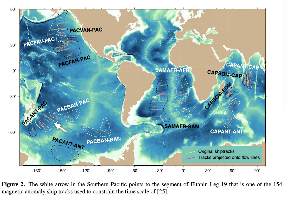 Figure 2. The white arrow in the Southern Pacific points to the segment of Eltanin Leg 19 that is one of the 154 magnetic anomaly ship tracks used to constrain the time scale of [25].
