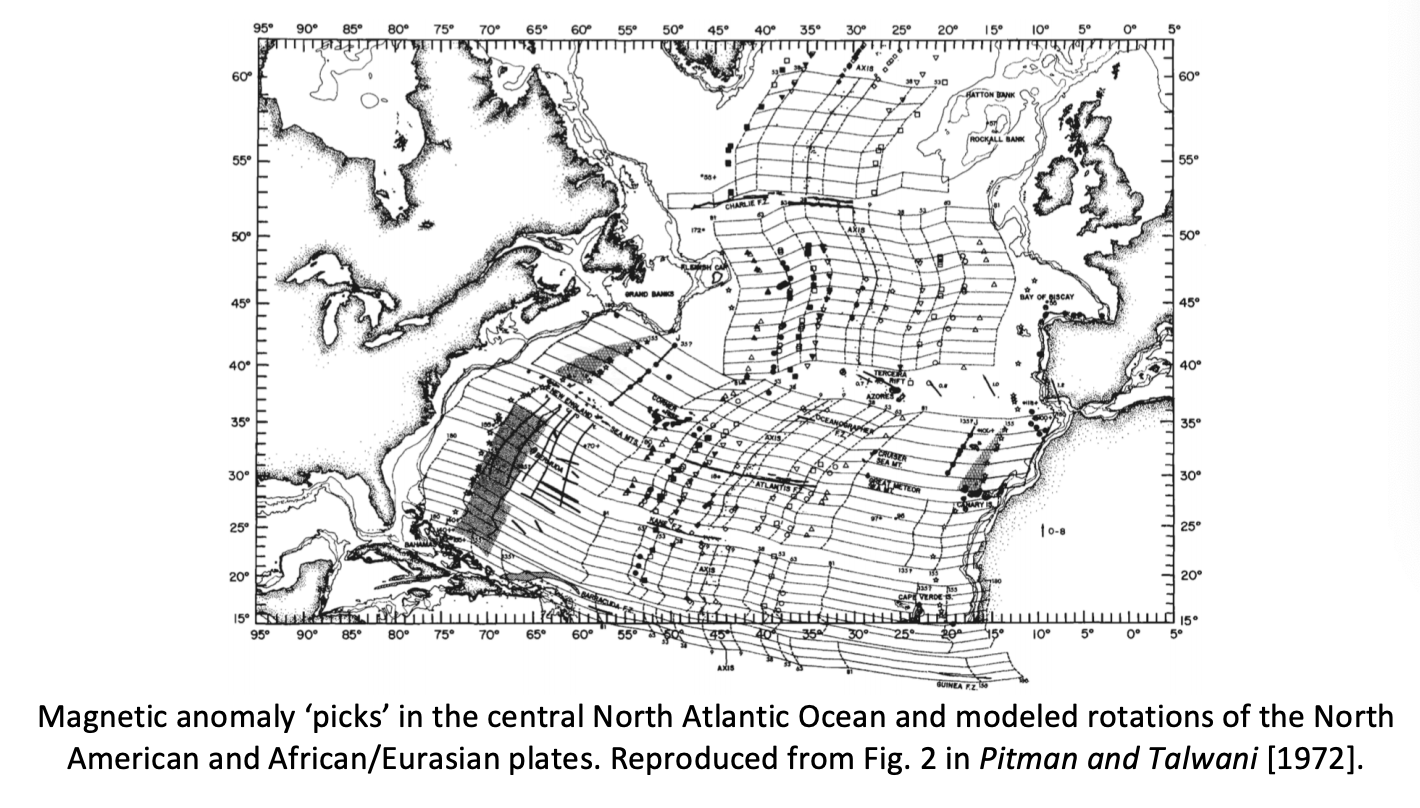 Magnetic anomaly 'picks' in the central North Atlantic Ocean and modeled rotations of the American and African/Eurasian plates